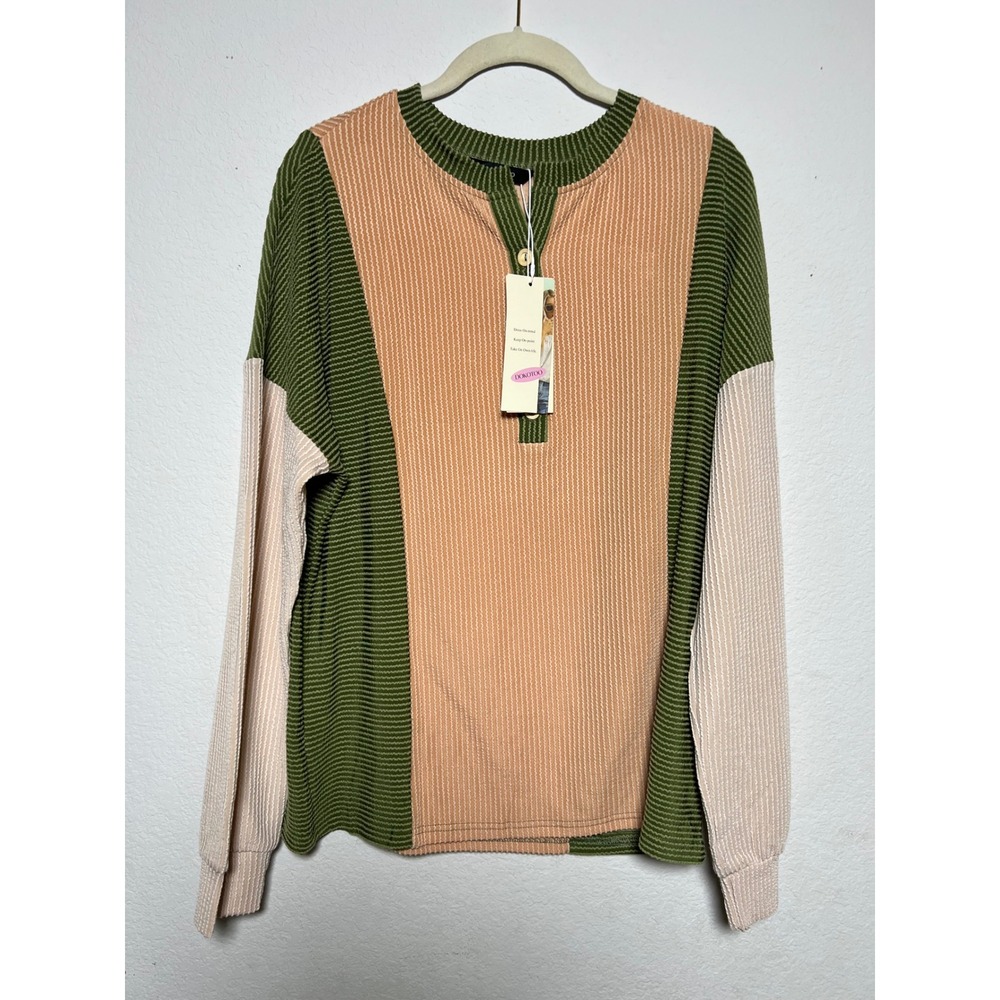 Dokotoo Waffle Knit Long Sleeve Small Multi Women Boho Colorblock Henley Ribbed